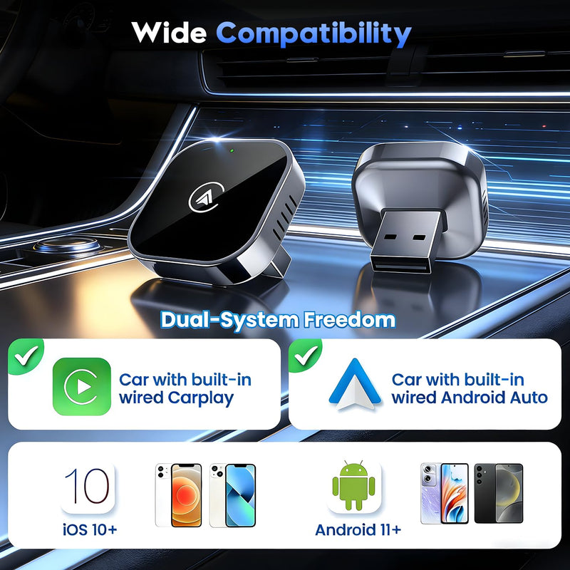 2-in-1 Wireless CarPlay and Android Auto Adapter, 2026 Upgraded Wired to Wireles s Converter, Wireless CarPlay Adapter for Apple iPhone & Android,Plug-and-Play, Stylish and Compact Design
