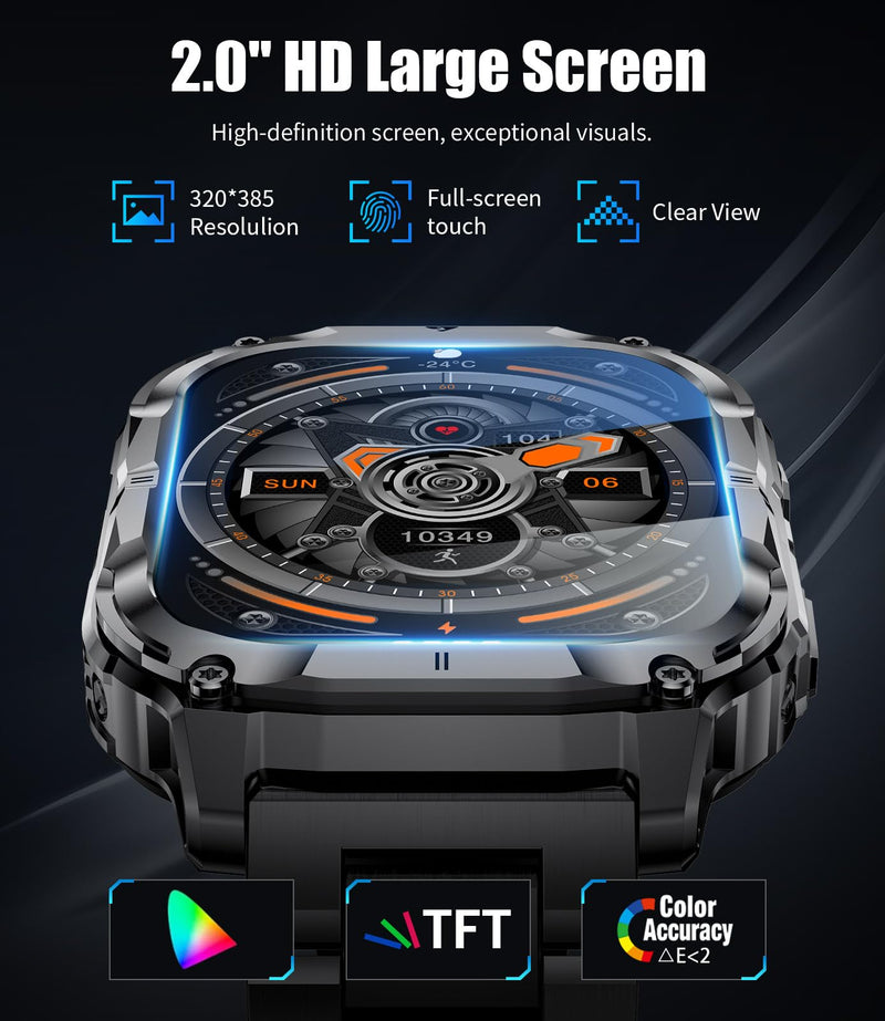 LIGE Military Smart Watch for Men(3 Bands),1000mAh/2 HD Large Screen Smartwatch, Flashlight/110+ Sports Modes, Fitness Tracker Watch for Android iOS,Black black
