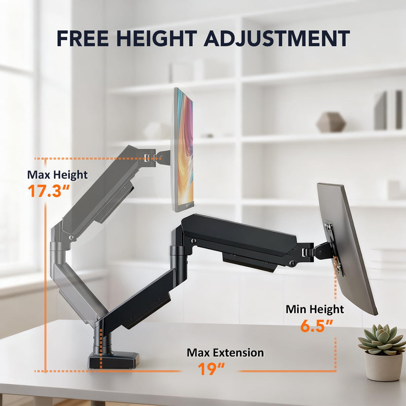 Single Monitor Mount, Gas Spring Arm for 17-32 inch Screens Adjustable Monitor Stand, Vesa Mount Stand with Clamp and Grommet Aluminum Base - Fits 4.4 to 22lbs LCD Computer Monitors HD09B-001 Single monitor arm