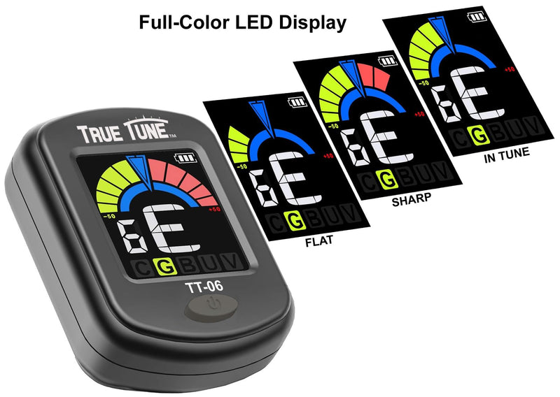 TT-06 Rechargeable Clip-On Chromatic Instrument Tuner for Guitar, Bass, Ukulele, Banjo, Violin, Mandolin with Full Color Display