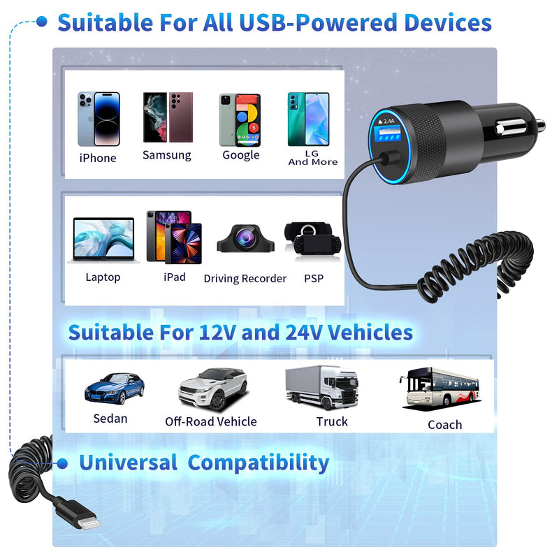 【MFi Certified】iPhone Fast Car Charger, Caiinei 4.8A Dual USB Power Car Charger Fast Charging Cigarette Lighter Adapter+6FT Coiled Lightning Cable for iPhone 14 13 12 11 Pro/XS Max/Mini/XR/X/8/SE/iPad Ceramic Black