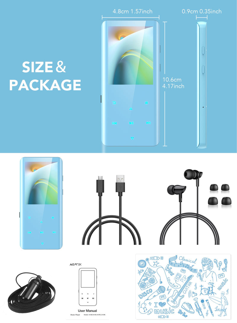 [AUSTRALIA] - AGPTEK 64GB MP3 Player with Bluetooth 5.3, A19PL 2.4" Curved Screen Portable Music Player with Speaker Lossless Sound with FM Radio, Voice Recorder, Supports up to 128GB, Blue 