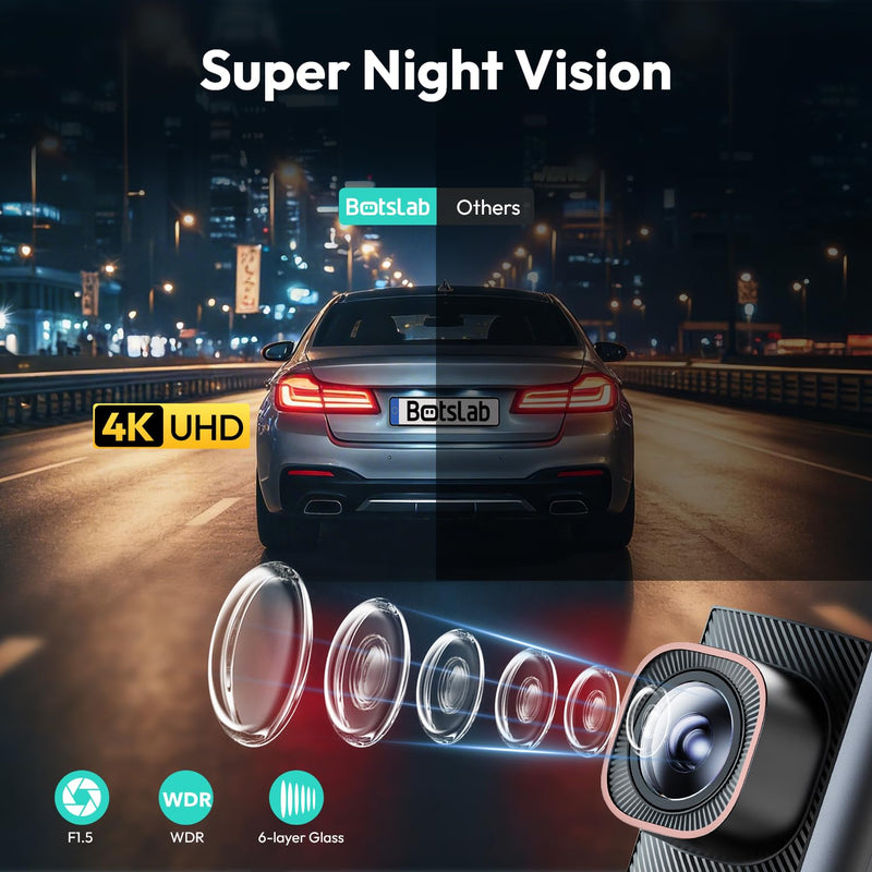 Botslab 4K Dash Cam Front with Night Vision[2026 Upgraded], 360°Rotatable Mini Car Camera with Super Capacitor, 5.8G WiFi & Bluetooth Dual-Band Connection, 24/7H Parking Mode, G-Sensor (HK40 Plus)