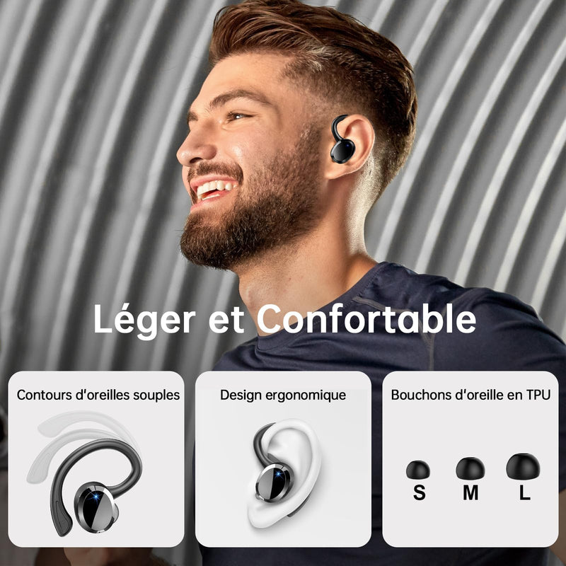 Wireless Earbuds Bluetooth Headphone Sport, 2024 Bluetooth 5.3 Earbud 14.2mm Driver Stereo Over Ear Buds, 48Hrs Earphone with Earhook, Noise Cancelling Mic, IP7 Waterproof Headset for Workout/Running 800 mAh Black