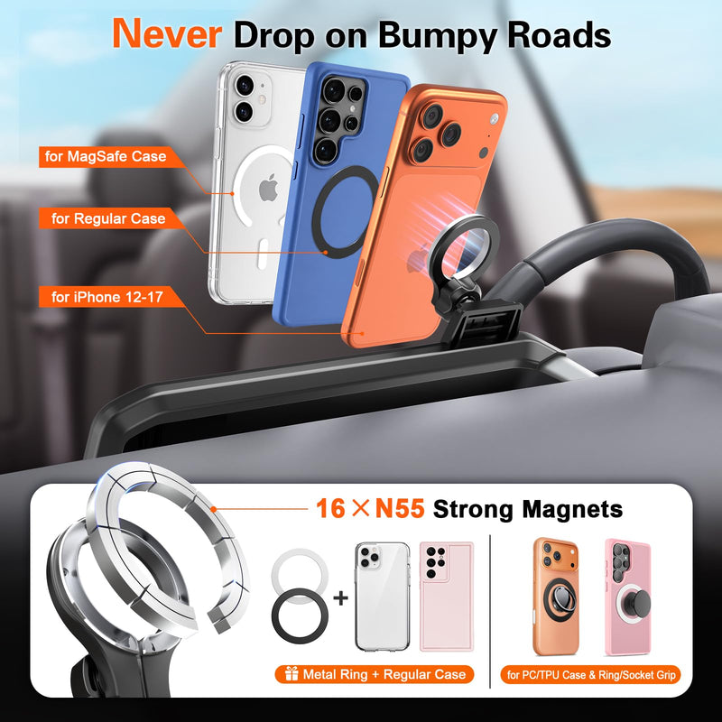 Magnetic Phone Mount Holder for Jeep Wrangler JL/4xe & Gladiator JT 2024 2025 2026, 12.3 Inch Clip-On, No Block Screen for Landscape, Sturdy for Off-Road, Cell Car Holder for MagSafe iPhone & Samsung