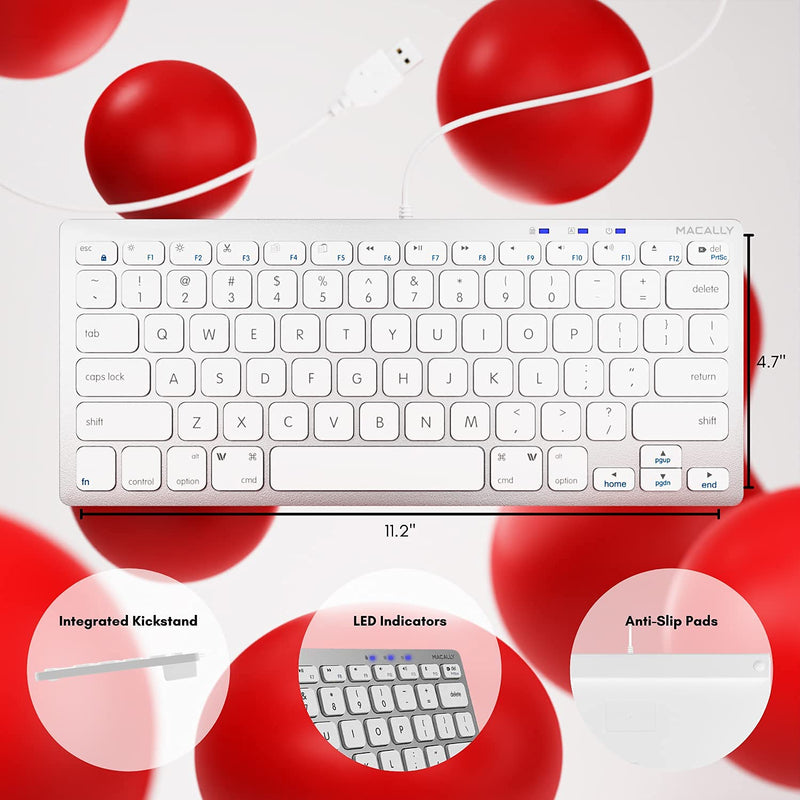 Macally Small Wired Keyboard for Mac and Windows - 78 Scissor Switch Keys Compatible Apple Keyboard - USB Mini Keyboard That Saves Space and Looks Great - Plug and Play Wired Mac Keyboard - Aluminum Silver Aluminum