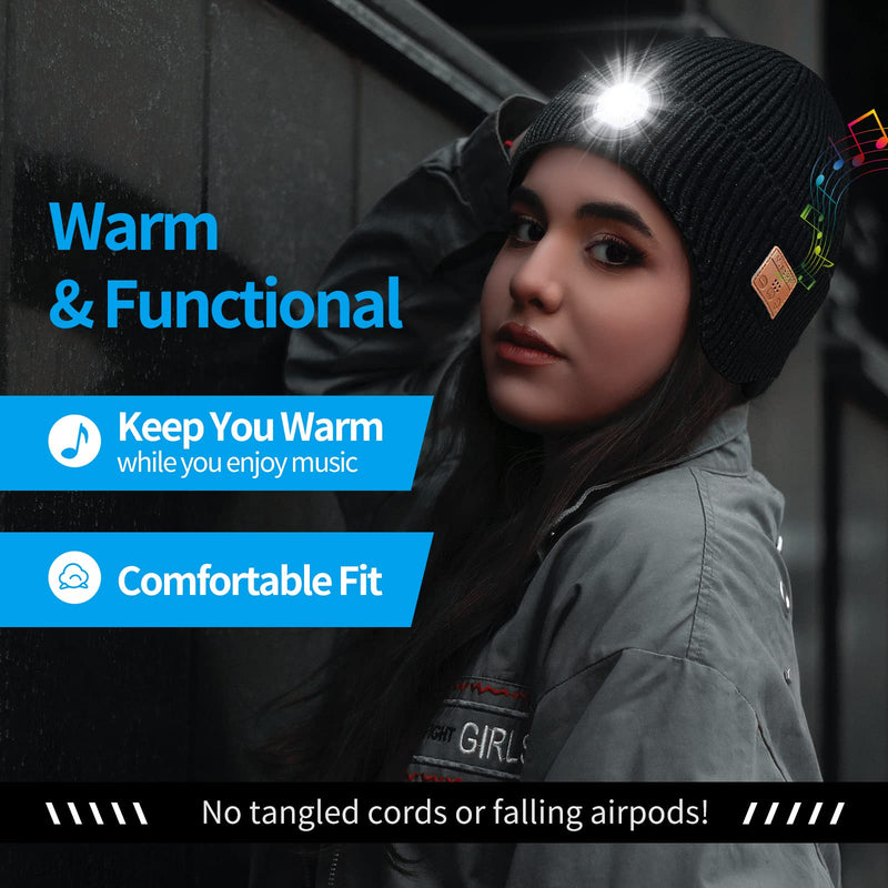 Bluetooth Beanie Hat with Light and Headphones, Built-in Microphone and Stereo Speakers Upgrade Music Knitted Hat, Unisex USB Rechargeable Headphones Music Hat (Black)