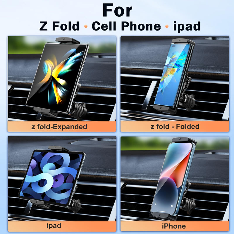 Z Fold 8 Car Mount Accessories, Secure Clamp, Long Arm Vent Clip | Car Phone Holder for Z Fold 8 7 6 Pixel Pro Fold iPhone Android, No Block Vent, Grip Firmly, Case Friendly, Broad Compatible Vent-LongArm