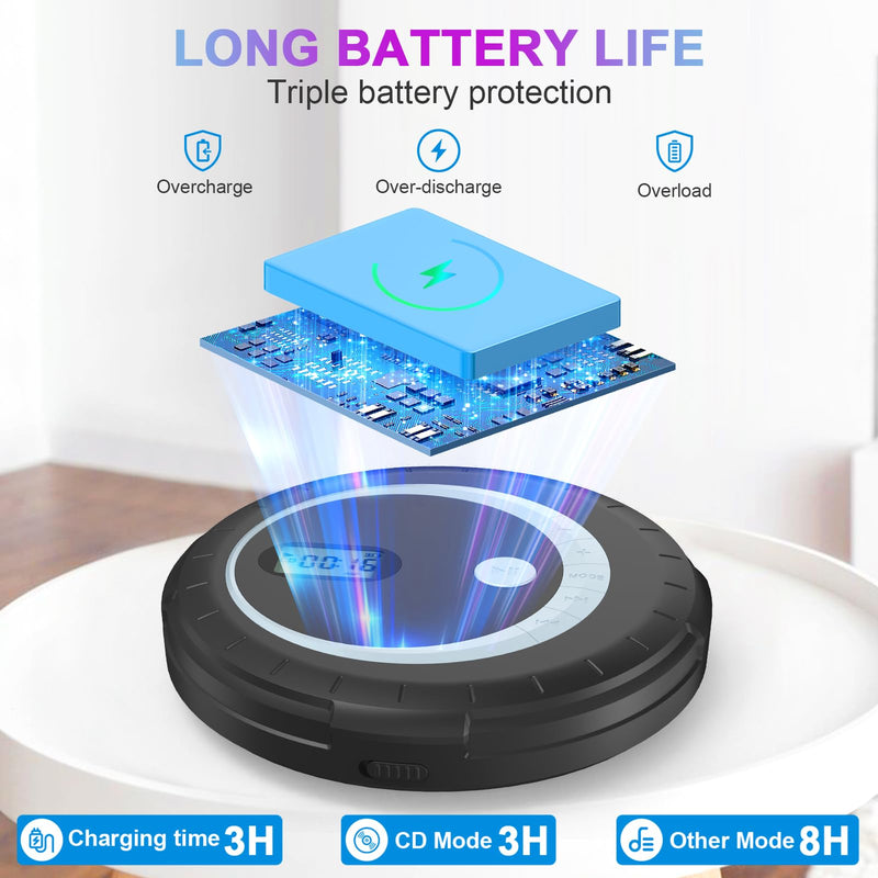 Portable Bluetooth CD Player - Bluetooth CD Player for Car with Anti-Skip Protection, Small Rechargeable CD Player for Home, Walkman CD Player Portable with Headphones with HiFi Stereo Sound Black