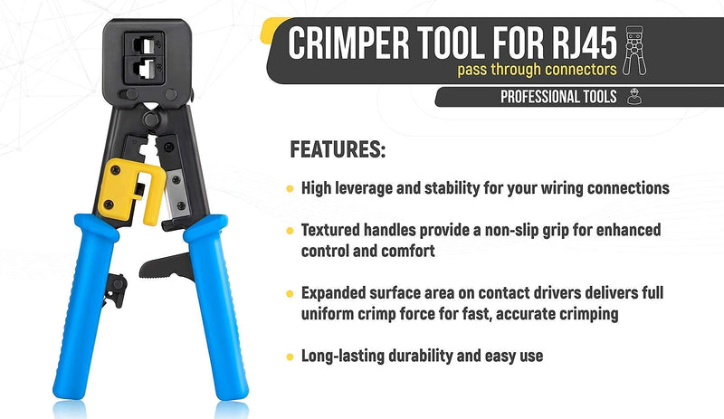 Bundle – 2 items: RJ45 Crimp Tool + 200 Pack of Cat6 Pass Through Connectors.