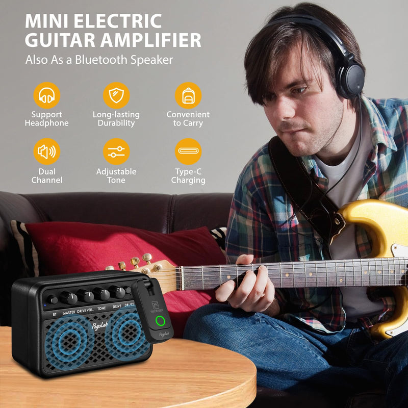 Mini Guitar Amp, 5W Small Portable Electric Guitar Amplifier, Clean & Drive Effects 2 Channels, Rechargeable Bluetooth Speaker with Headphone Jack, for Daily Practice (Black) Black