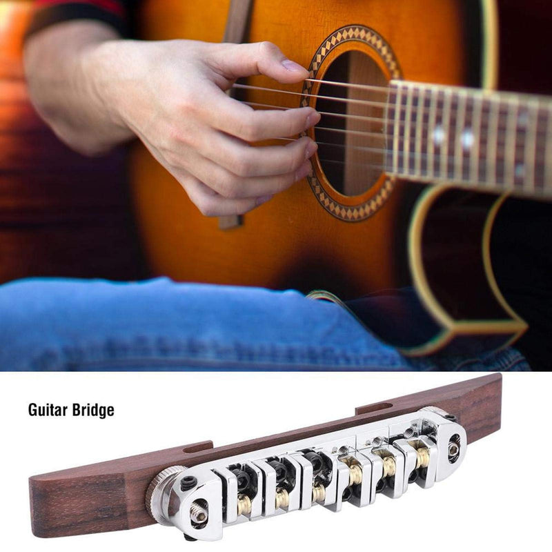 Guitar Bridge Copper zinc Alloy + Rosewood Archtop Guitar Bridge with Adjustable Roller Saddles for 6 String LP SG Jazz Guitar Silver