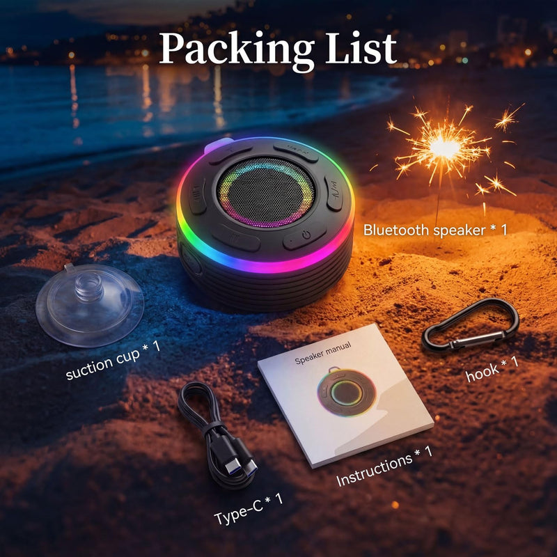 [AUSTRALIA] - Portable Bluetooth Speaker with vibrant led lights, IPX6 Waterproof, Loud Stereo Sound,Hands-Free Calling/Radio, for Shower, Beach, Outdoors, Over 10 H Playtime, Mini/Small, Suction Cup & Hook 