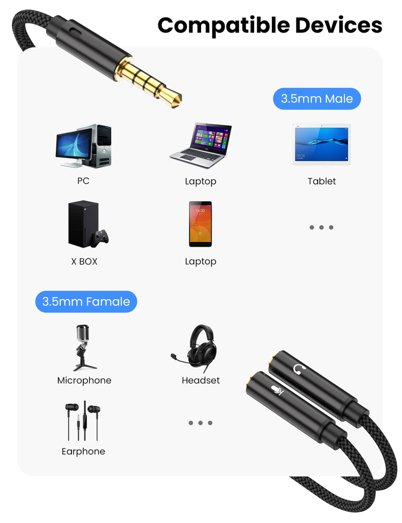 Fidioto 2PCS 3.5mm Audio Microphone Splitter Adapter, 1 Male to 2 Female Mic and Audio Y Splitter TRRS Headphone Adapter Cable for Switch 2/PS4/PS5,PC Laptop,Steam Deck Xbox, Tablet Gaming