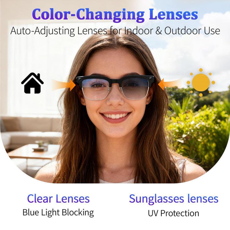 AI Smart Glasses with 8MP Camera, 1080P Video & HD Photo, Bluetooth Audio, AI Voice Assistant, Real-Time Translation, Object Recognition, Noise-Cancel Calls, Music, Photochromic Lenses M