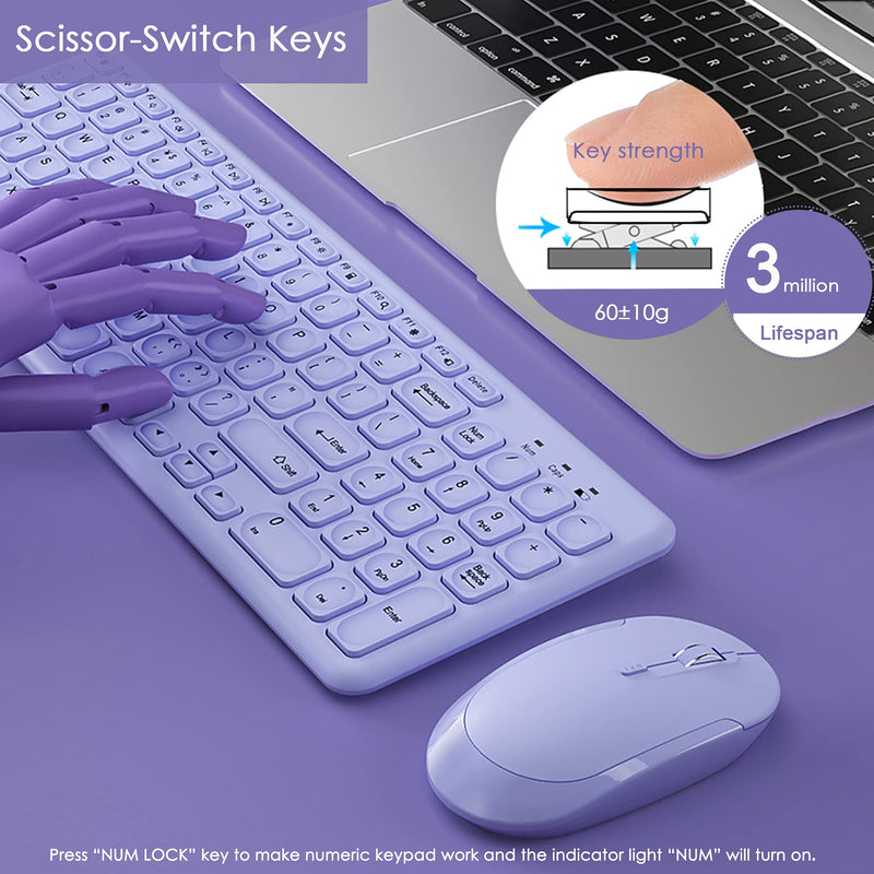 Wireless Keyboard and Mouse Combo, Superbcco Cordless Computer Keyboard with Number Keypad, 2.4Ghz USB Receiver, Ultra Slim, Energy Saving, 3-Level DPI for Laptop/Computer/PC/Desktop (Lavender Purple) Lavender Purple