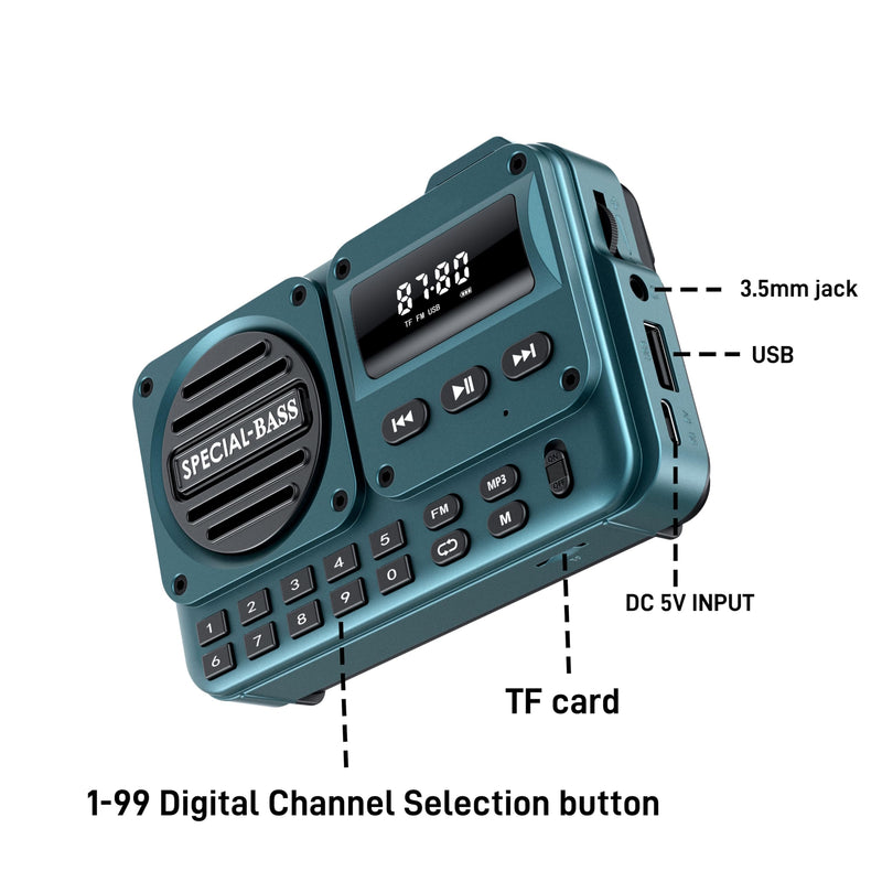 Pocket Radio FM USB-C Charging 2000mAh Rechargeable Excellent Reception Clear Speaker and Headphone Jack,LCD Screen,FM Radio for Walk/Jogging/Gym, Bluetooth/TF.(NO AM) (Turquoise) Turquoise