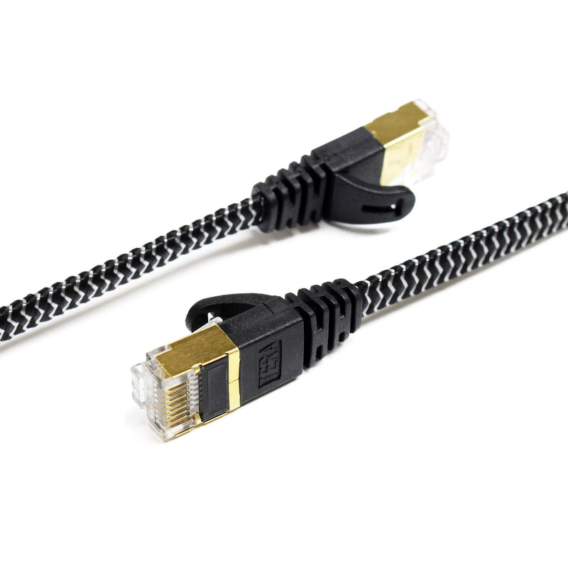 Tera Grand - 75FT - CAT7 10 Gigabit Ethernet Ultra Flat Patch Cable for Modem Router LAN Network - Braided Jacket, Gold Plated Shielded RJ45 Connectors, Faster Than CAT6a CAT6 CAT5e, Black & White 75 FT Black & White - Braided - Flat