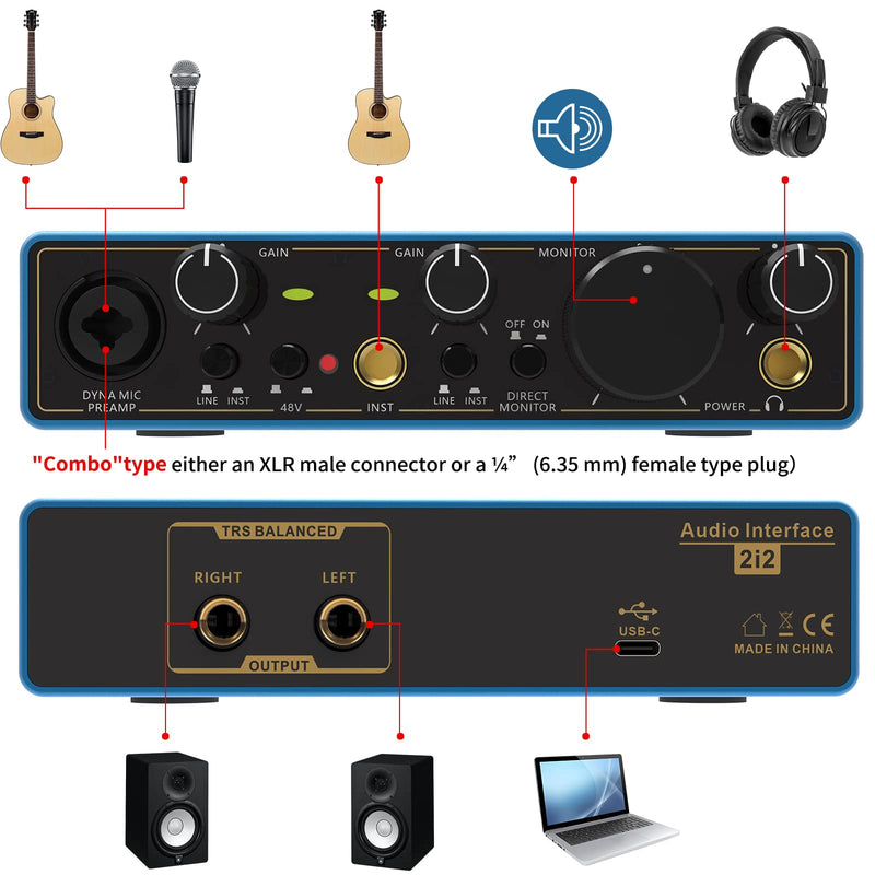 USB Audio Interface, AKLOT Xrl Audio Interfaces, for the Guitarist, Vocalist, Podcaster or Producer, 24-bit/192 kHz High-Fidelity, Studio Quality Recording, 2 In 2 Out Audio Interfaces for PC/Win/Mac 2In-2Out Blue