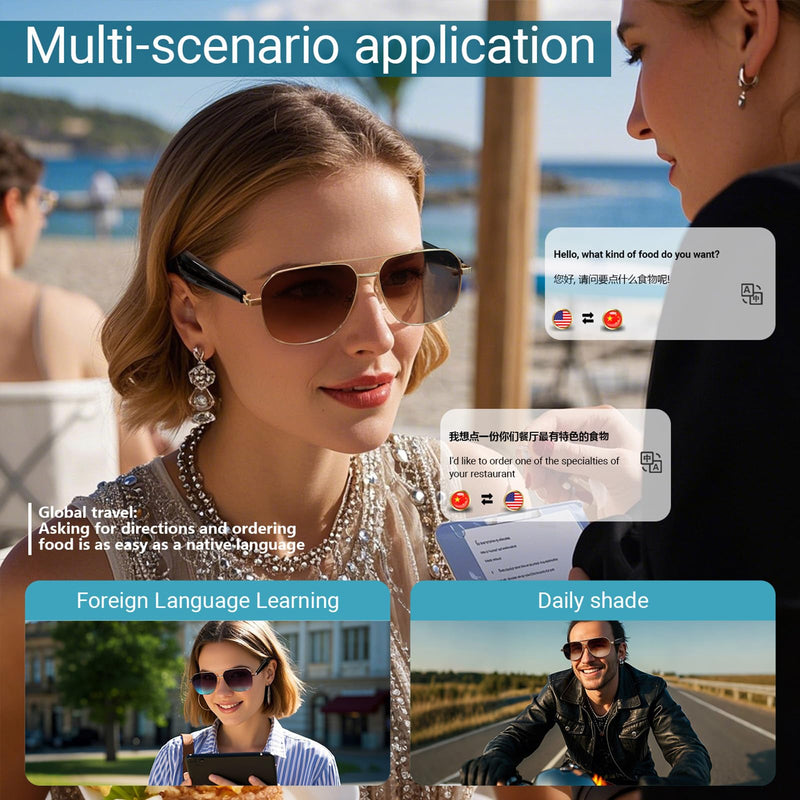 AI Smart Translation Glasses for Travel & Business, Real-Time 100+ Language Translator, Wireless Open-Earphones Design with Music Playback & Touch Control,Lightweight Eyewear (GD/BN) GD / BN