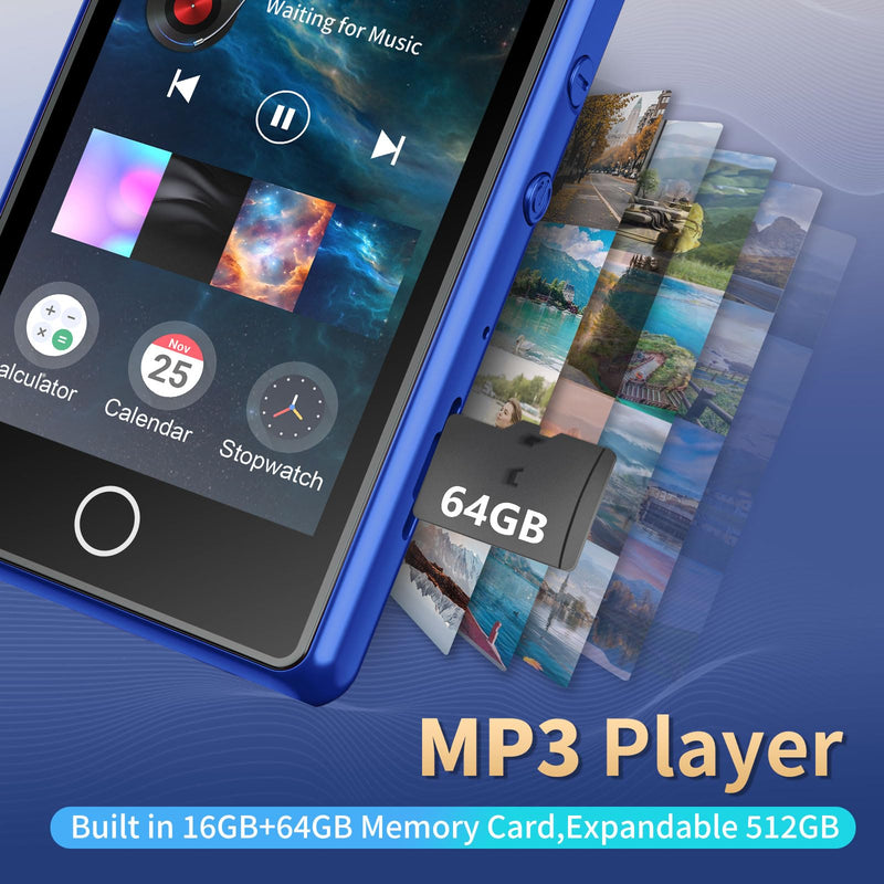 [AUSTRALIA] - 80GB MP3 Player with Bluetooth，3″Full Video Format Portable MP3 Player for Kids，MP4 Music Player with Speaker, FM Radio, Voice Recorder, Up to 256GB,Blue Blue 