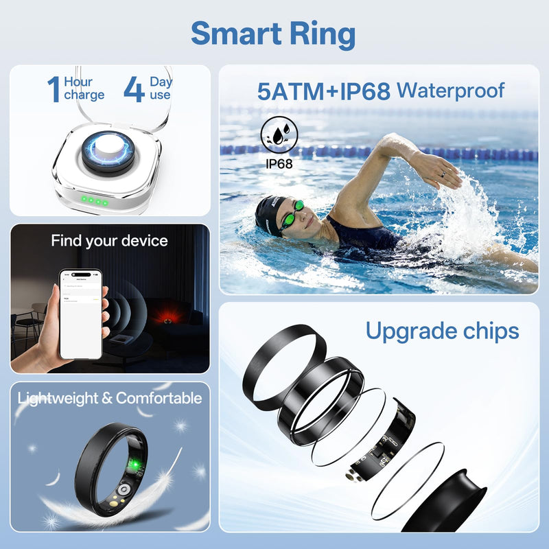 Smart Ring for Women Men, Health Fitness Tracker Ring with Heart Rate/Sleep Tracker/Blood Oxygen/HRV/Stress/Calorie/Steps, IP68 Waterproof for iOS & Android, No APP Fees(Silver,9#)