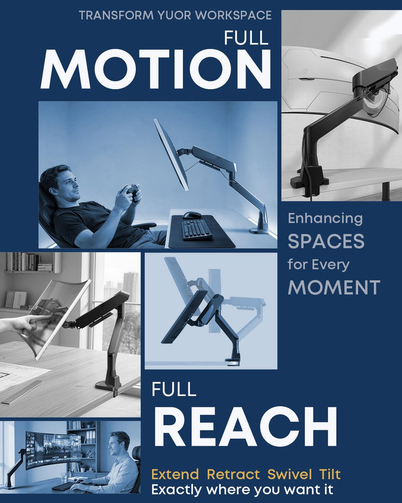 Ultrawide Monitor Arm fits 17-49 Inch Heavy Duty Flat/Curved Monitor | Cable Management, Full Motion, Gas Spring Arm, Holds 35.2 lbs with Clamp & Grommet Desk Mount, VESA 75/100mm, Black Single Arm
