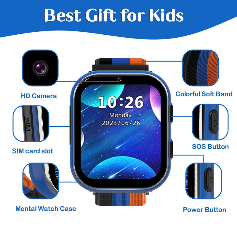 PTHTECHUS Smart Watch for Kids, 4G Smartwatch with Phone Call, SOS, Camera, Music Player, Learn Card, and Puzzle Games, Suitable for Boys and Girls Ages 4-12 Years Old Purple Blue (No GPS)