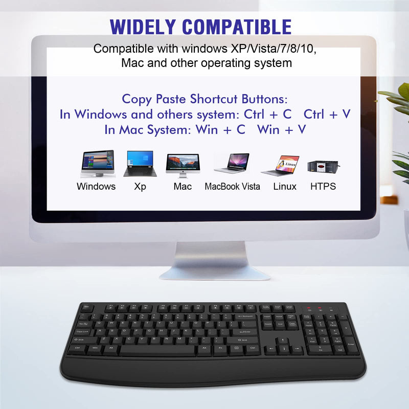 [AUSTRALIA] - Wireless Keyboard, 2.4G Full-Sized Ergonomic Wireless Computer Keyboard with Wrist Rest for Windows, Mac OS Laptop/PC/Desktop/Notebook(Black) Black 