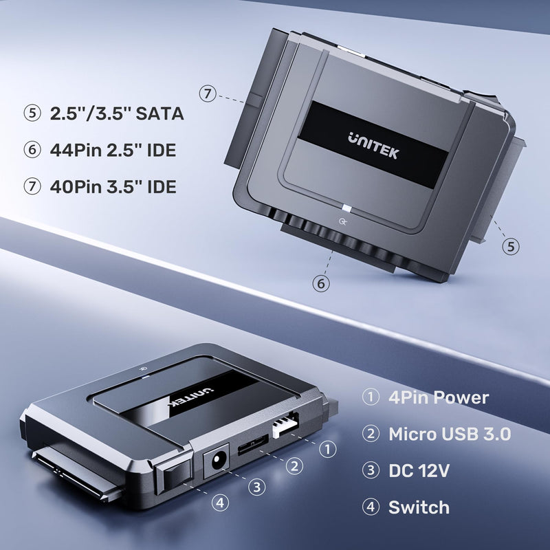Unitek USB-C SATA/IDE Adapter, Dual-Drive, 6Gbps, for 2.5/3.5" HDD/SSD | Simultaneous 1 SATA + 1 IDE Access; For 2.5/3.5" IDE/SATA, Optical; Plug & Play, Hot-Swap; 12V Adapter Included USB C 6Gbps SATA & 5 Gbps IDE