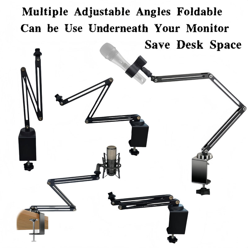 Low Profile Mic Boom Arm Stand 360° Rotatable Adjustable Compact and Foldable Table Microphone Arm Holds 2.5kg with 3/8" to 5/8" Screw Adapter for Game Streaming Podcast Broadcast (C Clamp Mount) C Clamp Mount