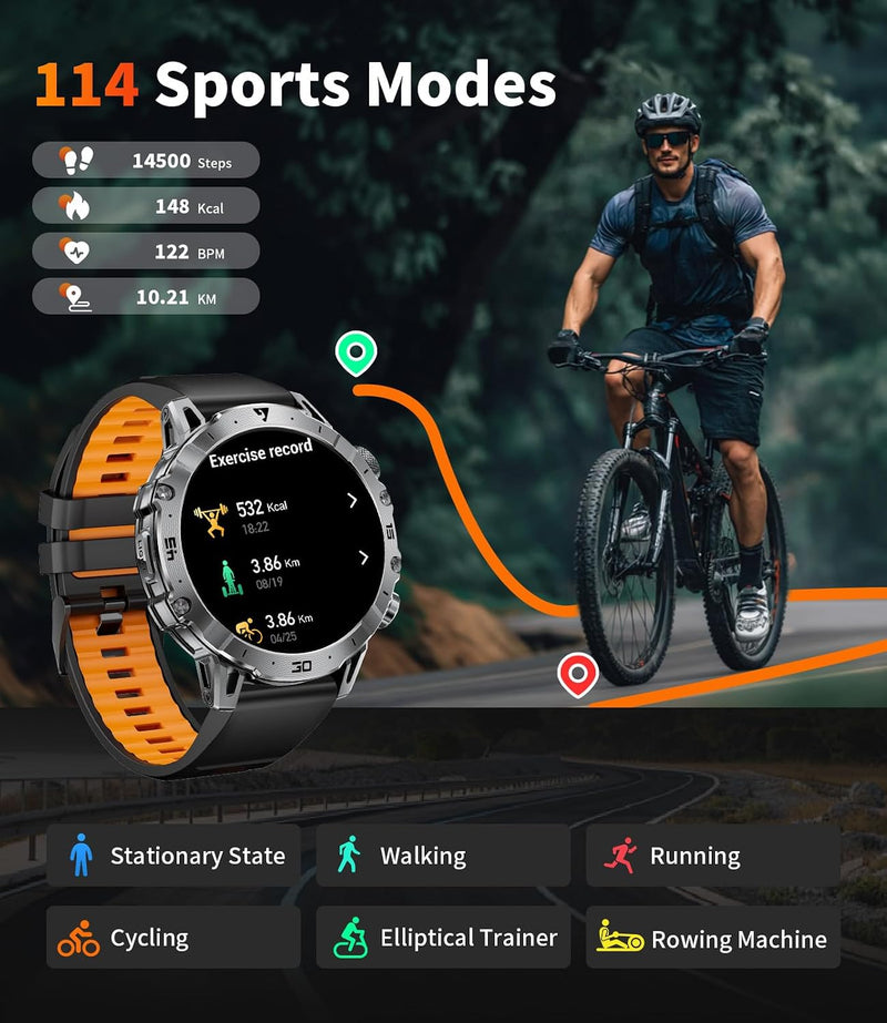 Military Smart Watch for Men with Bluetooth Call, 1.43" AMOLED Screen Smartwatch with Heart Rate/Sleep Monitor, IP68 Waterproof Fitness Tracker with 100+ Sport Modes for iOS Android