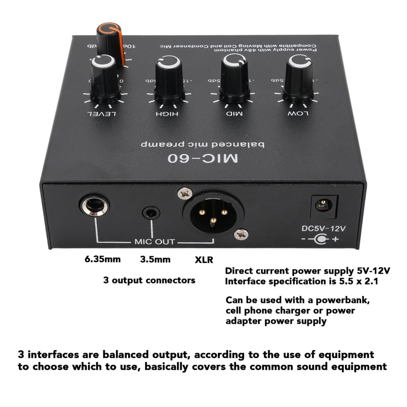 Microphone Preamp Mic Gain Booster 3 Input with 48V Power, XLR Balanced, 3.5mm/6.35mm Output, for Dynamic and Condenser Mic (with 3.5mm Sound Cable) With 3.5mm Sound Cable