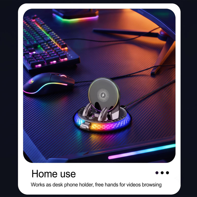 Wireless Car Charger Phone Holder for Dashboard,One-Hand Operation 15W | Fast Charging for MagSafe iPhone , 7-Color RGB Light On/Off, 360° Rotating View, Automatic Dual-Hook Locking