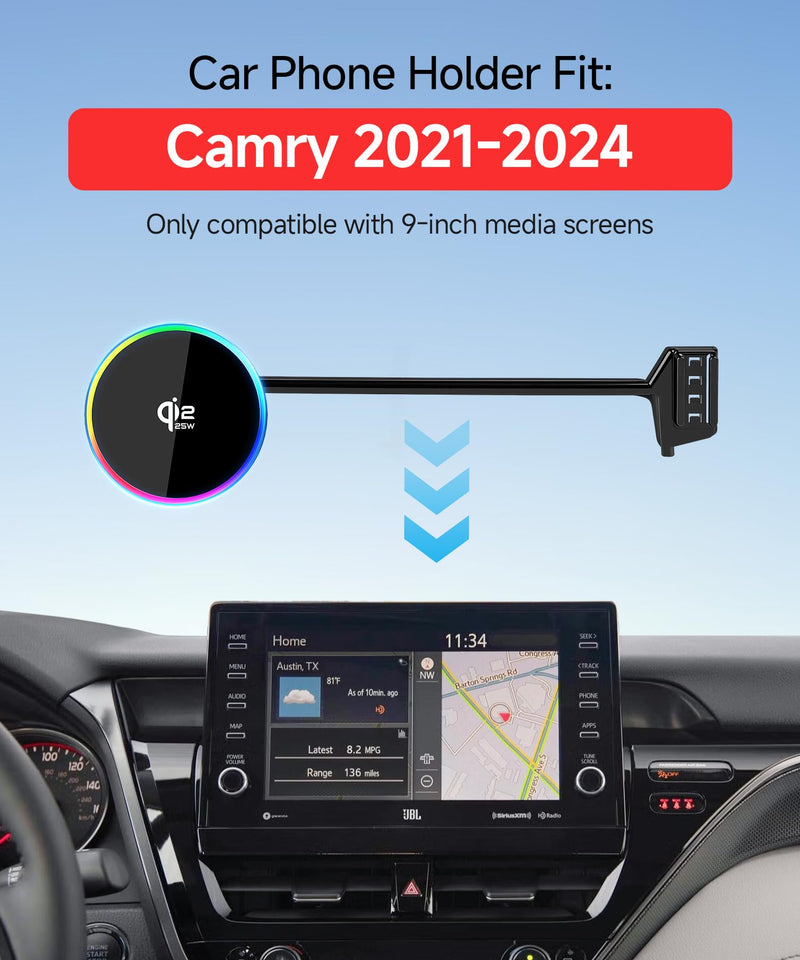 Qi2.2 25W Wireless Charger Car Phone Mount for Toyota Camry 2021-2024 | Camry Hybrid 9"Screen Magsafe Accessories Fast Charging Magnetic Cell Phone Holder Clip Fit iPhone Android,Navigation Bracket for 2021-2024 Camry/Hybrid(9 inch screen only)