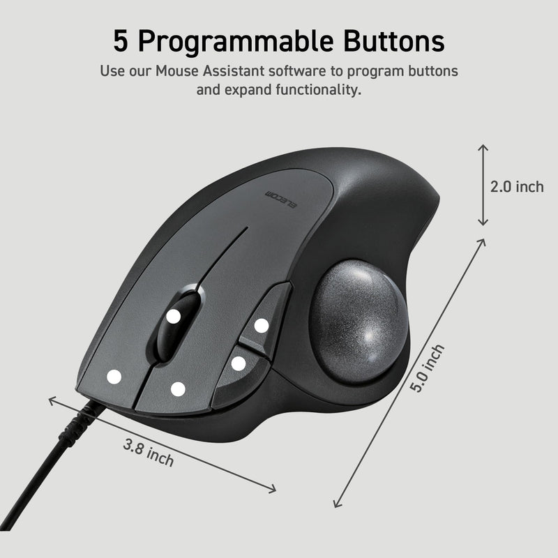 ELECOM Ergonomic Comfort Design Trackball IST Wired USB-A Connection, Smooth Tracking with Ruby Ball Bearing, 36mm Ball, Thumb Control, Compatible for Windows, PC, and Mac Black (M-IT10URBK)