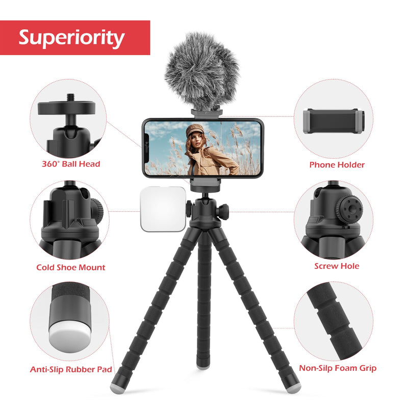 Aureday Cell Phone Tripod, Flexible Mini Tripod with Remote and Cold Shoe, Small Tripod Stand for Video Recording, Vlogging, Compatible with Microphones,Cellphone,Camera,Gopro Black Flexible Tripod with Cold Shoe