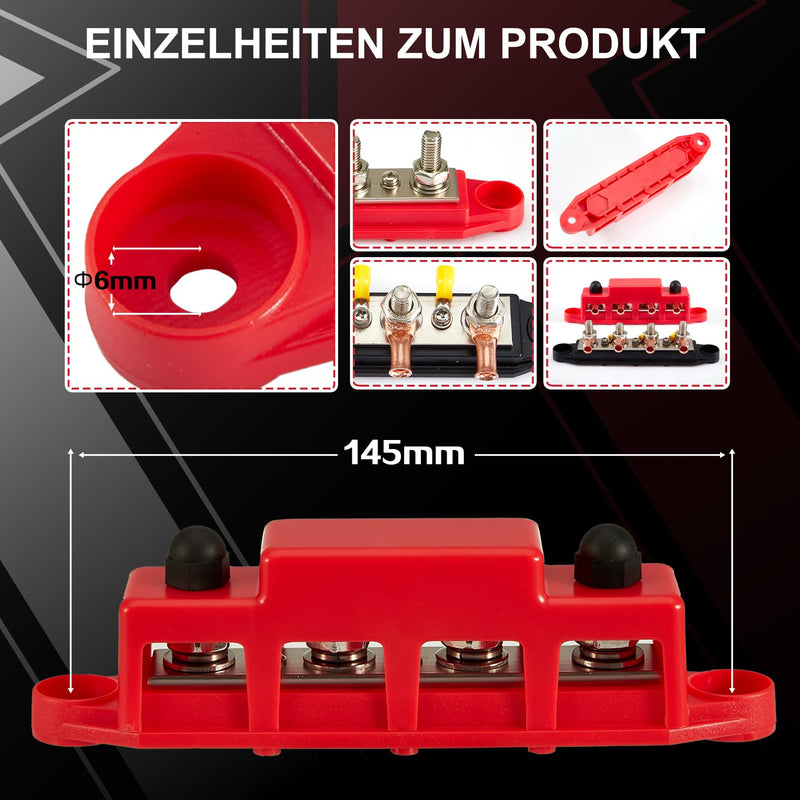 [AUSTRALIA] - Pindex M8 Busbar Distribution Block 250 AMP DC 12 V-48 V with 4 x M8 Terminal Bolts, M8 Power Distribution Block Bus Bar 12 V for Motorhomes, Ships, Yachts, Car RVs, Trucks 