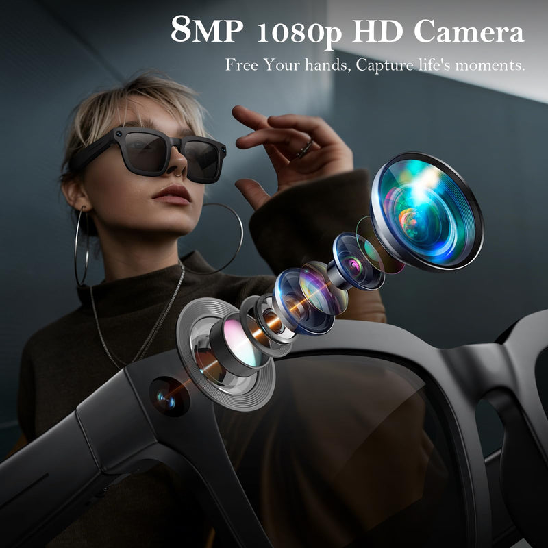 AI Smart Glasses for Cycling & Sports, 8MP Camera Glasses with Hands-Free Video Recording, Bluetooth Audio, Real-Time Translation, Waterproof, Outdoor Action Smart Glasses