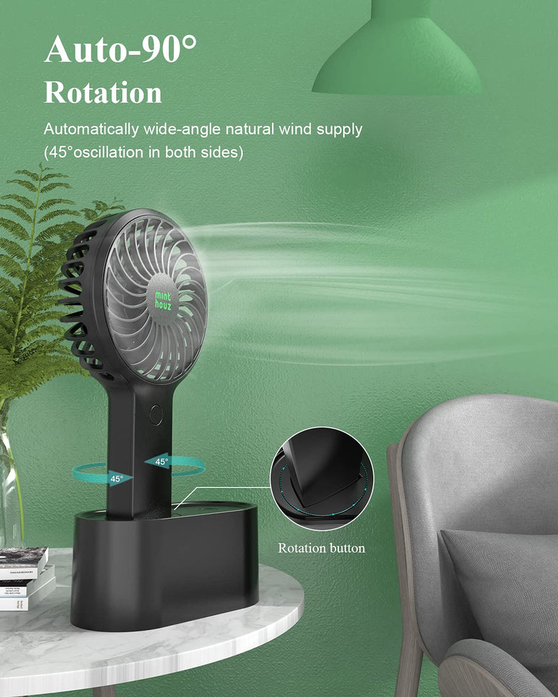 Minthouz Handheld Fan, 90° Automatic Head Shaking Personal Fan with Rotating Base, 3 Speed Adjustable Portable Fan Rechargeable Desk Fan with 2000mAh Built-in Battery, Mini Fan for Office/Home/Outdoor Black