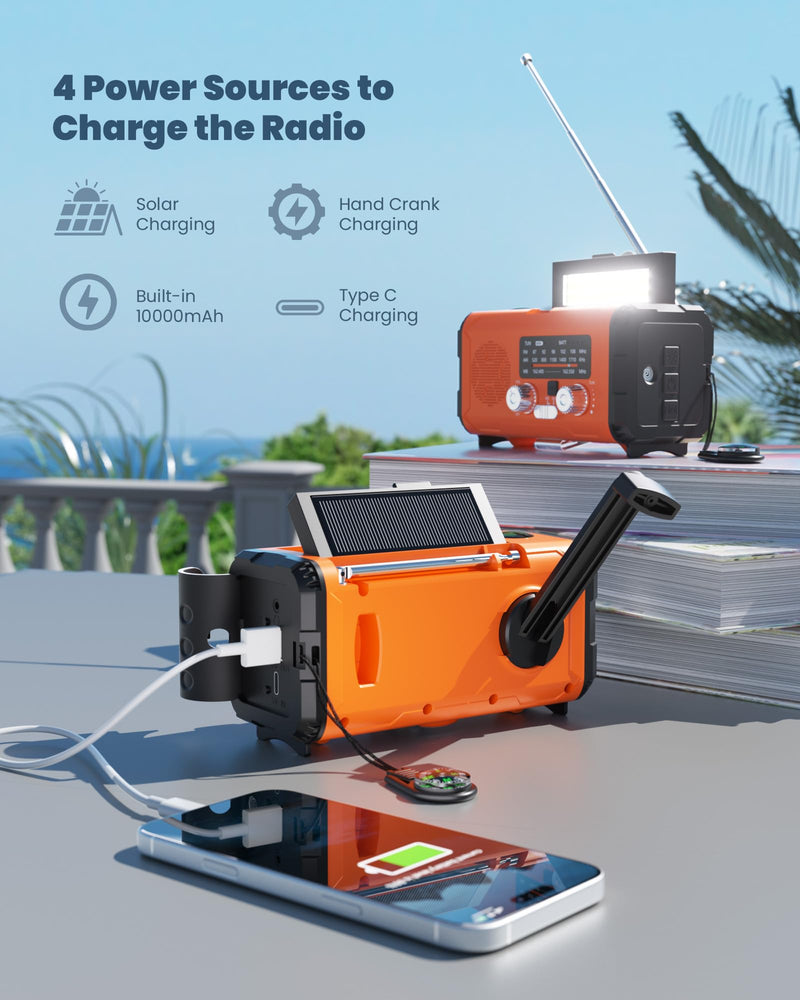 [AUSTRALIA] - Emergency Weather Radio NOAA AM FM with 10000mAh Power Bank & Fire Starter, Solar/Hand Crank/USB-C Fast Charging, SOS Alarm, Flashlight for Indoor Outdoor Survival for Campers and Preppers Orange 
