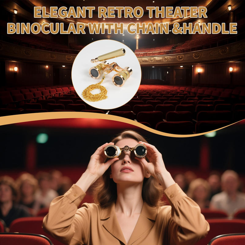 3X25 Opera Glasses Binoculars with Adjustable Handles Exquisite Chain,BK7 HD Optical Lens for Theater Binoculars, Theater Glasses for Adults (Gold) gold