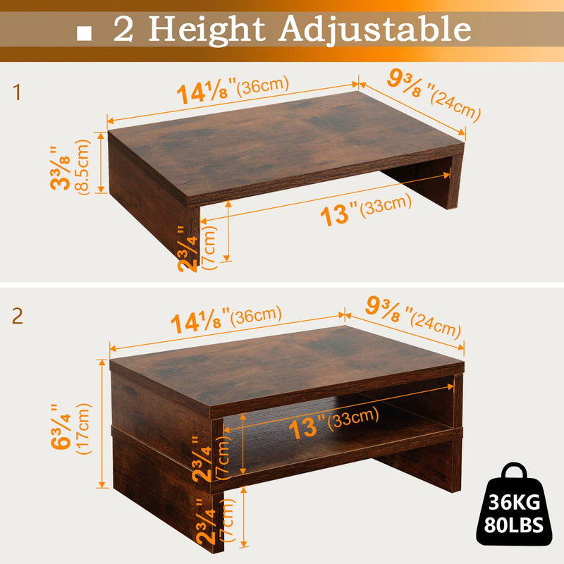 TEAMIX 2 Pack Rustic Brown Wood Monitor Stand Riser and 1 Pack 20 inch Rustic Brown Wood Monitor Stand Riser for Computer Desk Home Office Organization.