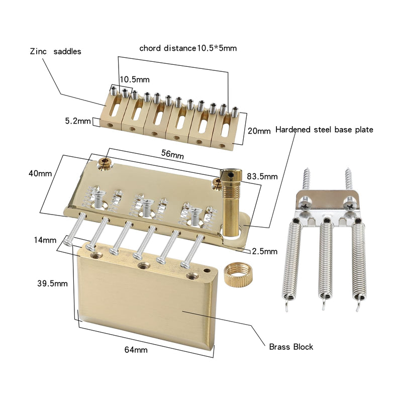 [AUSTRALIA] - 10.5mm Electric Guitar Bridge with Zinc Alloy Saddles Brass Block 2 Point Tremolo Bridge Compatible with Strat St 6 String Electric Guitar Replacement Parts（Glossy Gold） 