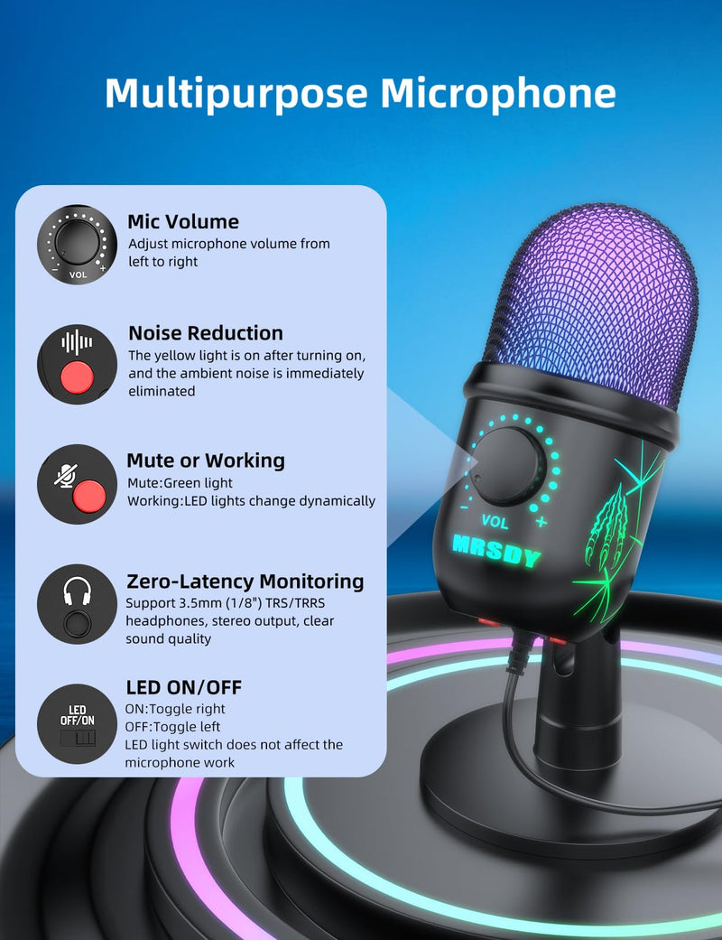 USB Microphone, Plug and Play Gaming Mic for PC, Mac, PS4/5, Podcast Microphone with RGB, Mute, Monitor, Noise Reduction, Volume Gain, Great for Recording, Streaming V5 Mic
