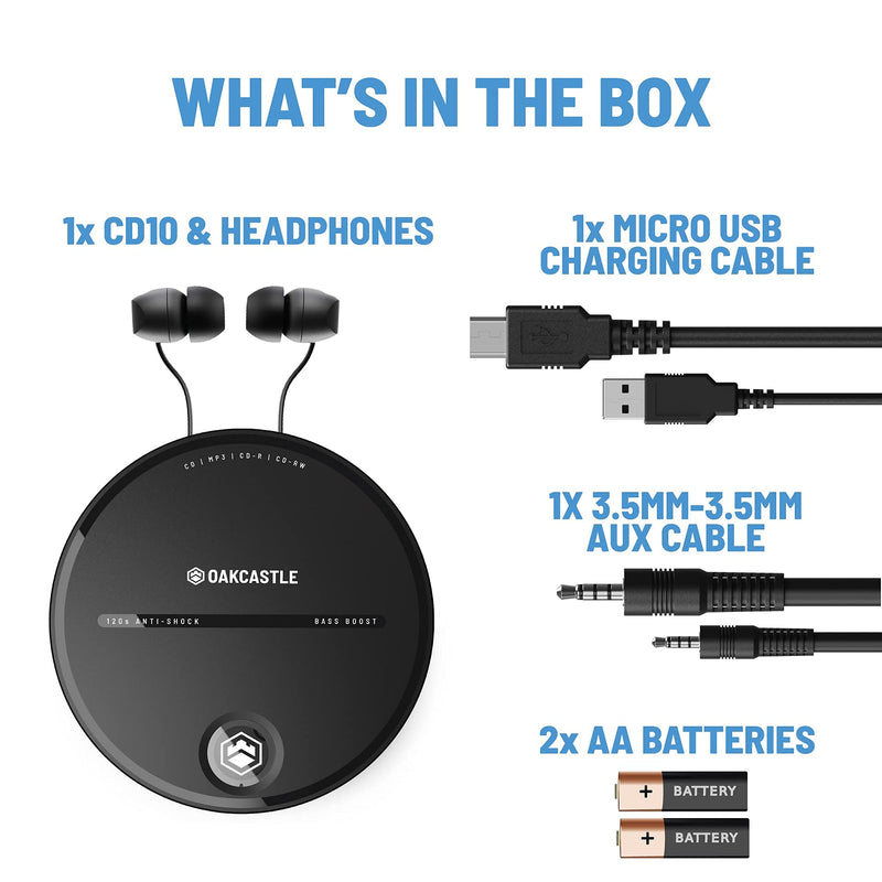 Oakcastle CD10 Portable CD Player | Battery Powered | Personal Walkman Disc Player | Anti-Skip | Retro Style Discman | Headphones Included