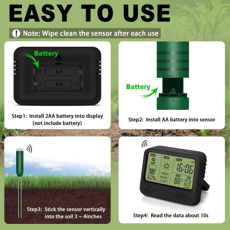 [AUSTRALIA] - 4-in-1 Wireless Soil Moisture Meter/Thermometer/Sunlight/Time,PH Paper, Waterproof Plant Moisture Sensor Meter with Digital LCD Display for Garden, Lawn and Indoor Plants 4-in-1 Display+2 Sensor 