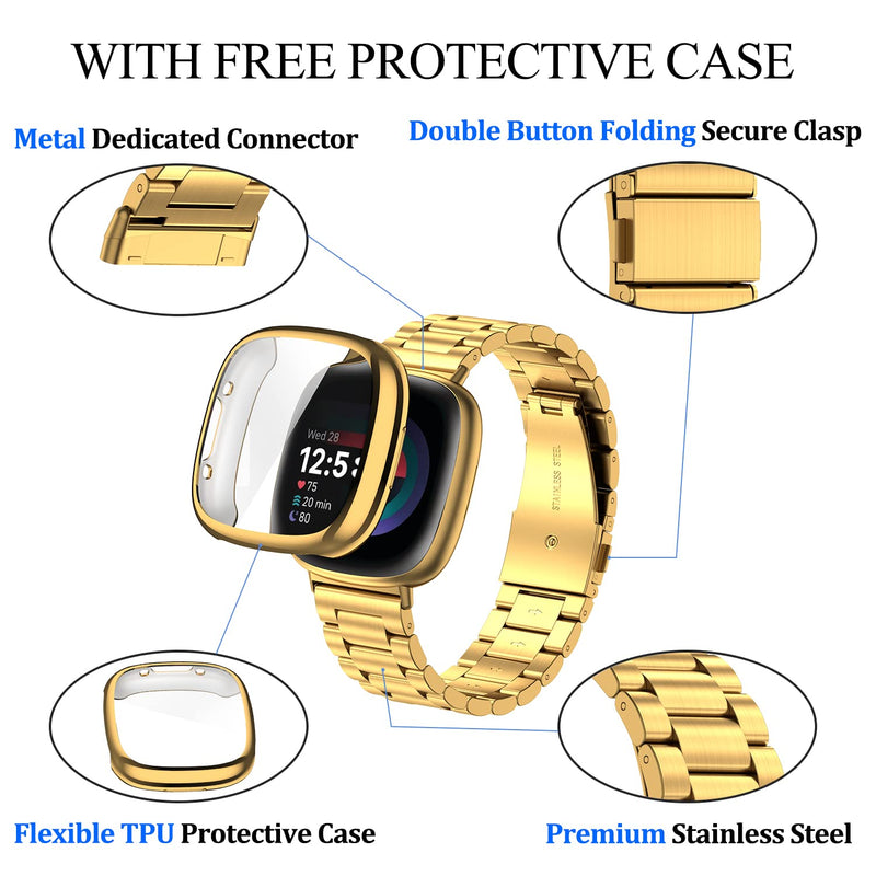 ZPJPPLX for Fitbit Versa 4 Metal Watch Band with Soft TPU Case,Compatible with Fitbit Sense 2 Stainless Steel Strap and Screen Protection Case for Men Women,Black