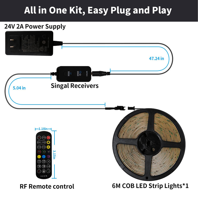 20FT LED Strip Lights COB Smart IC, 24V RGB LED Lights for Bedroom with RF Remote Smart App Button Controller Music Sync Color Changing Strip Lights for Game Room Kitchen Cabinet Lighting 20FT