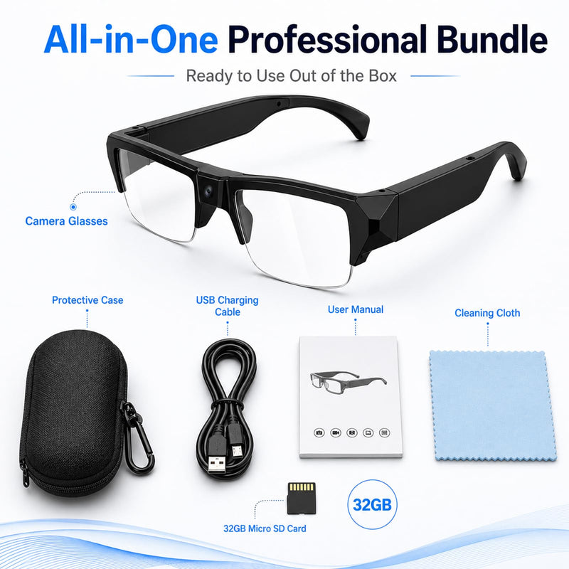 Camera Glasses HD 1080P – Video Recording Glasses with Audio, Hands-Free POV Smart Glasses for Men Women, Wide Angle Wearable Camera for Vlogging Outdoor Sports, (32GB SD Card Included) 32 GB